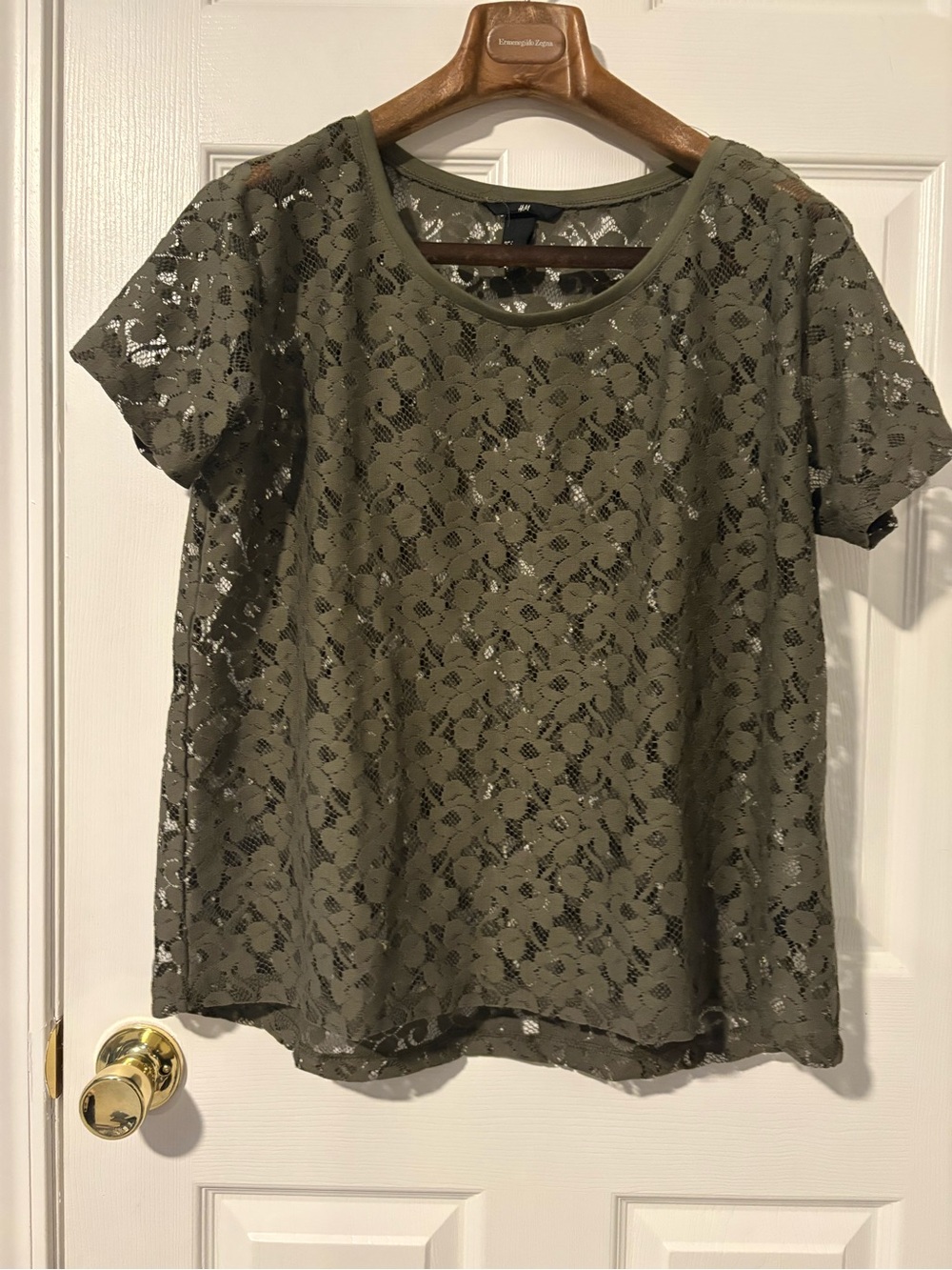 H&M Olive Green Lace Short Sleeve Top